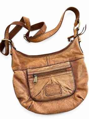 Vintage Fossil Leather Crossbody Bag Boho Distressed Tan Brown Shoulder Purse